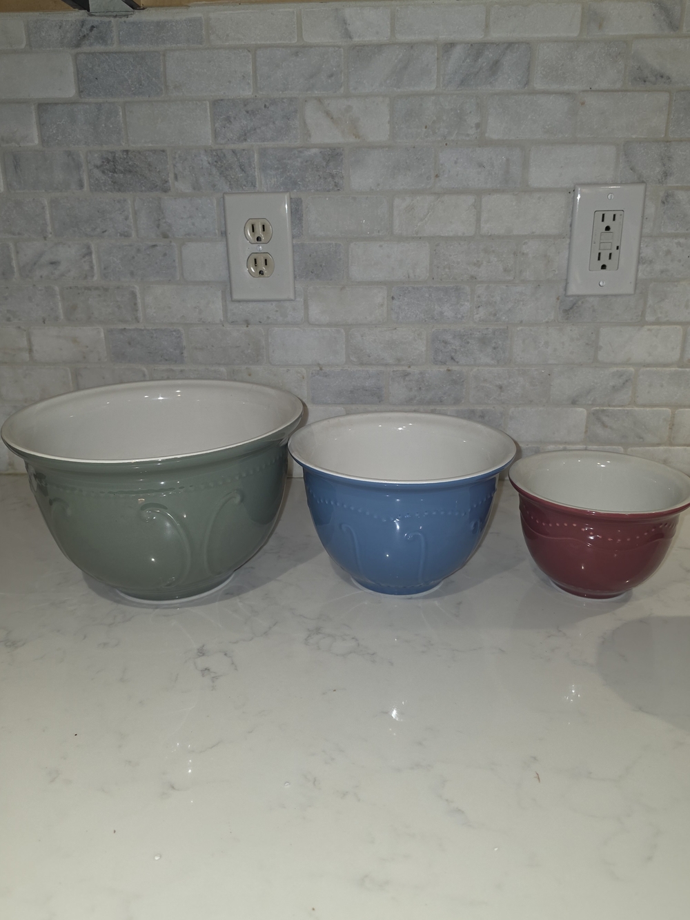 Princess House Ceramic Mixing Bowl Set - Sage, Blue & Maroon